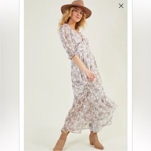 Altar'd State Cream Floral Nova Maxi Dress V-Neck Button Ruched Detail Dress